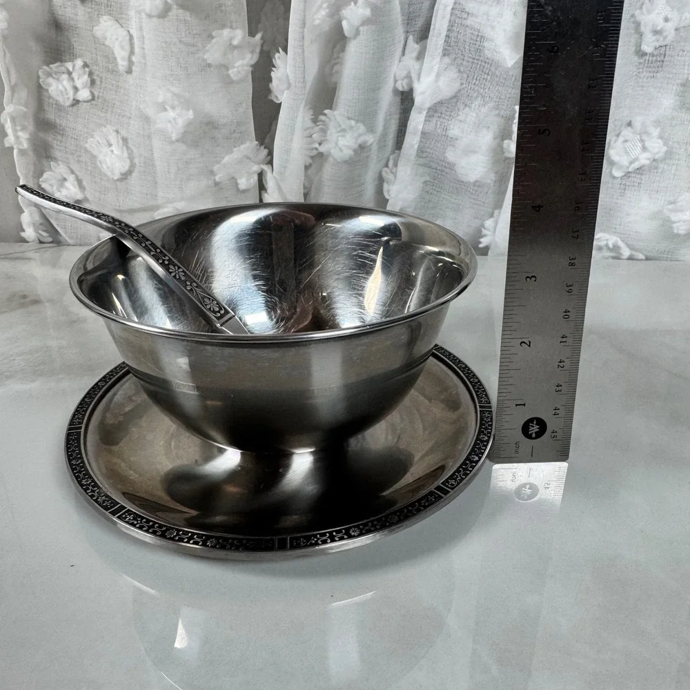 Vintage Cordova Stainless Steel Gravy Boat‎ With Ladle Attached Underplate MCM